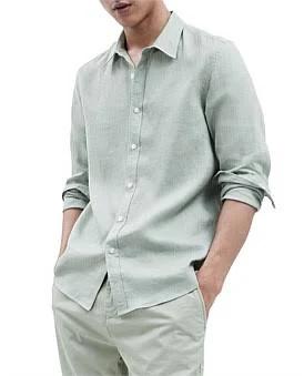 David Jones Unison Linen L/S Regular Fit Shirt in Mint, Size XS