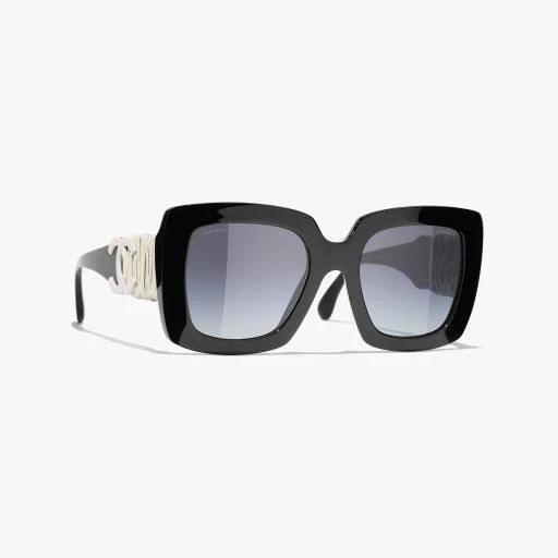 Chanel Square Sunglasses - Acetate and Calfskin, Black and White - Polarized - UV Protected - Women's Sunglasses - 5474Q 1082/S6