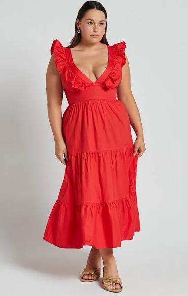 Levona Midi Dress - Ruffle Shoulder Tiered Dress in Cherry Tomato