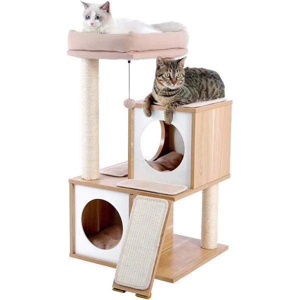 PaWz Road Cat Tree 35 Inches Wooden Cat Tower with Double Condos, Spacious Perch, Fully Wrapped Scratching Sisal Posts and Replaceable Dangling