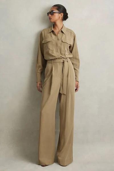 Reiss Liliana - Khaki Petite Lyocell Wide Leg Jumpsuit, 10