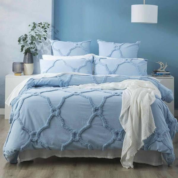 Renee Taylor Moroccan 100% Cotton Chenille Vintage Washed Tufted Quilt Cover Set Sky / Super King