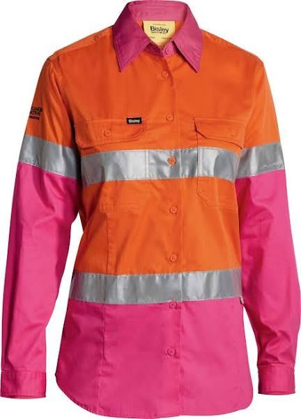 Bisley Ladies Hi Vis Lightweight Taped Drill Shirt BL6696T (Orange/Pink, 22)