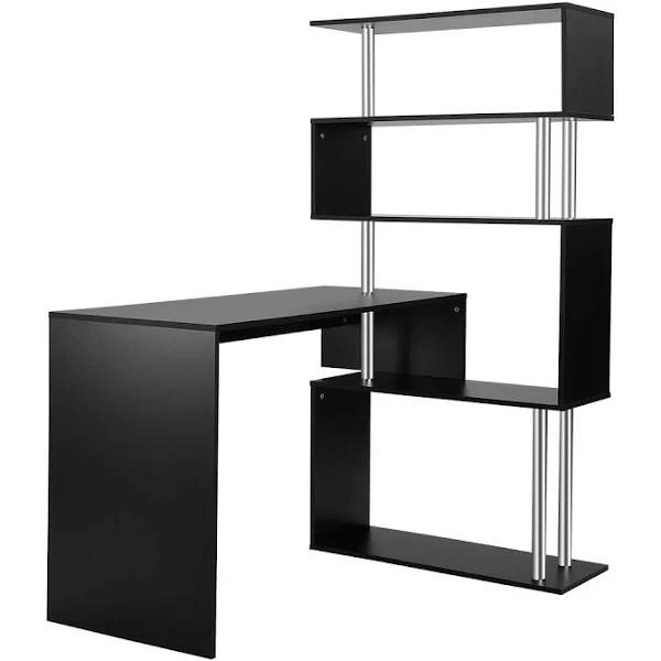 L-shaped Rotating Home Office Desk Corner PC Computer Table w/ Hutch 4 Tier Bookshelf Storage Black