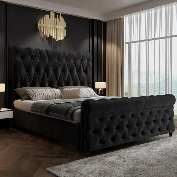 Royal Sleep Alexandra Queen Bed Frame Velvet Solid Wooden Base Platform Black - AfterPay & zipPay Available