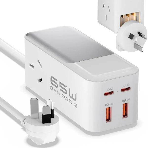 65W USB C GaN Powerboard - USB-C Fast Charging Station with 2-Outlet, 60W/45W/30W/25W/20W USBC Power Strip, USBC Wall Charger AU Plug Compatible