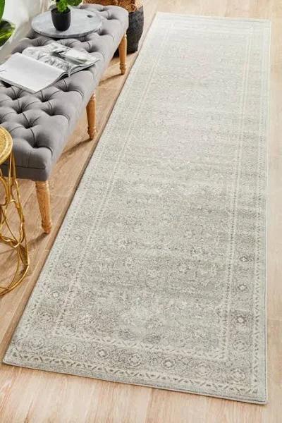 Evoke Silver Flower Transitional Runner Rug 300 x 80cm