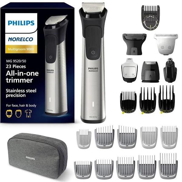 Norelco Philips Multi Groomer 23 Piece Men's Grooming Kit, Trimmer for Beard, Head, Face, Body, and Groin - Stainless Steel Precision. No Blade Oil