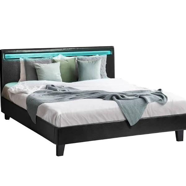 Oikiture RGB LED Bed Frame Double Size Black Leather