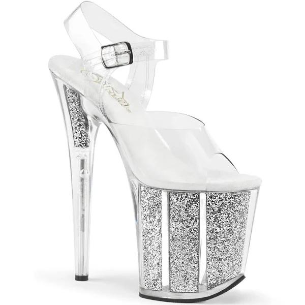 Pleaser FLAMINGO-808G Clear & Silver Glitter Platform Heels 5