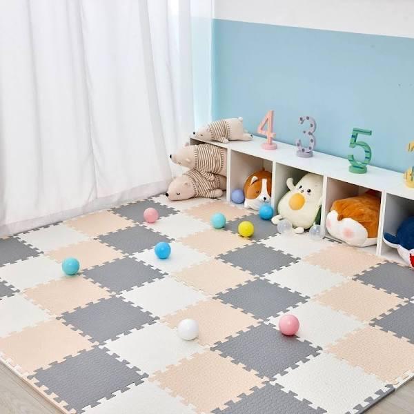 Baby Play Mat - Soft Foam Mats For Playpens & playrooms - Non-Toxic, Waterproof, Interlocking Tiles - Grey + Cream + White - 36 Squares (9 Sheets) For