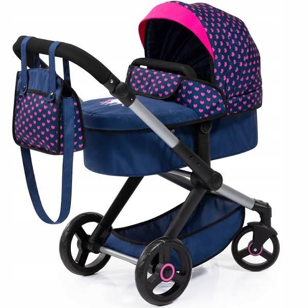 Xeo Compact Doll Pram - Dark Blue With Pink Heart Print