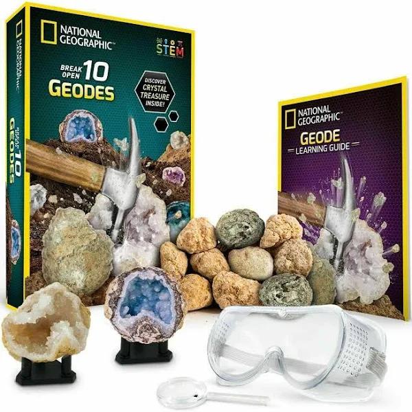 National Geographic Break Open 10 Premium Geodes – Includes Goggles, Detailed Learning Guide and 2 Display Stands - Great Stem Science Gift For