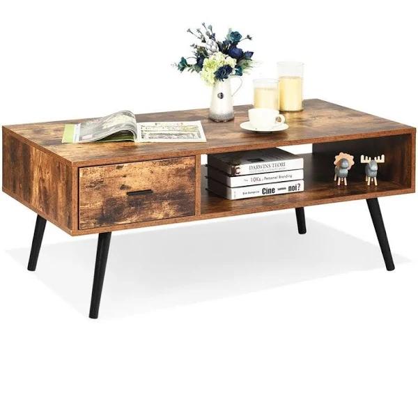 Giantex Wood Vintage Coffee Table Retro Side Table Living Room Furniture Open Shelf/Drawer