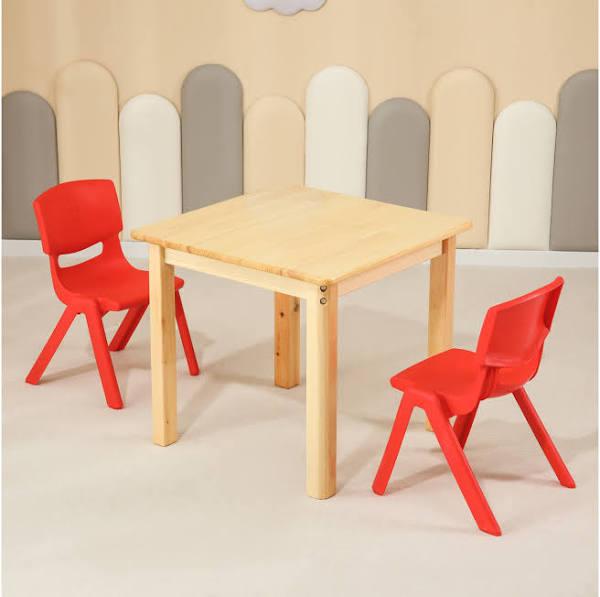 60cm Square Wooden Kids Table and 2 Red Chairs Childrens Desk Pinewood Natural