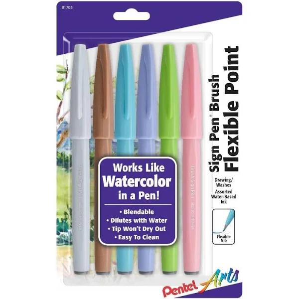 Pentel Arts Sign Pens with Brush Tip 6 Pack - Assorted Colours*