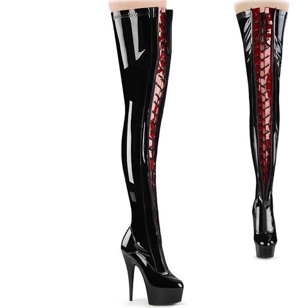 Pleaser DELIGHT-3027 Black-Red Stretch Patent/Black Size 8