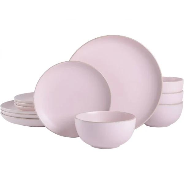 Gibson Home Rockaway Round Stoneware Dinnerware Set, Service for 4 (12pcs), Pink