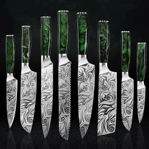 Senken 8-piece Engraved Japanese Kitchen Knife Set & Beautiful Green Resin Wood Handles - Wasabi Collection - Chef's Knife, Bread Knife, Cleaver