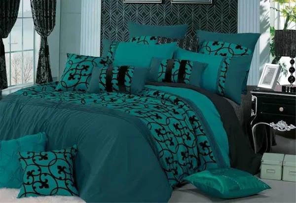 Queen Size Lyde Teal Black Flocking Quilt Cover Set(3PCS)