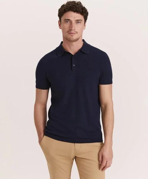 Saba Miramar Cotton Wool Knit Polo in Navy, Size S