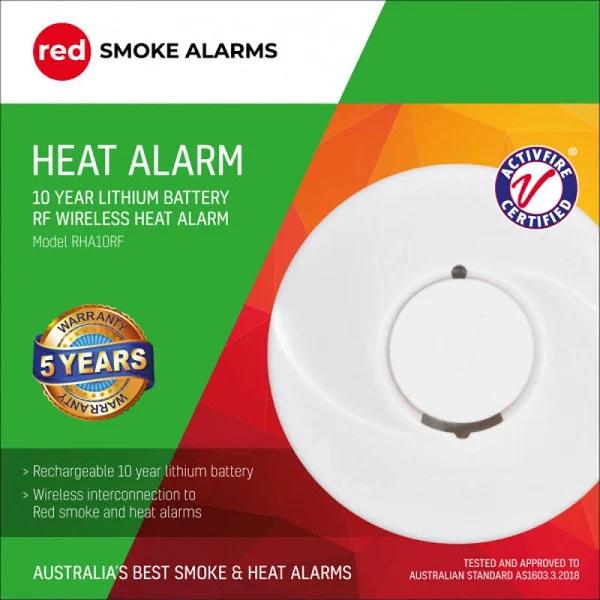 Red Smoke Alarms Wireless Heat Alarm + 10 Year Lithium Battery