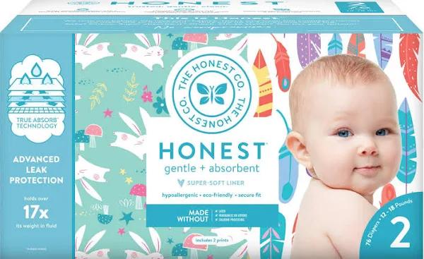 Honest Company Painted Feathers/Bunnies Club Disposable Diapers, Size 2 - 76 count