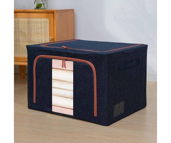 22L 39x29x20cm Fabric Steel Frame Quilt Clothing Storage Box Cotton Linen Storage Bag With Window(Navy Blue)