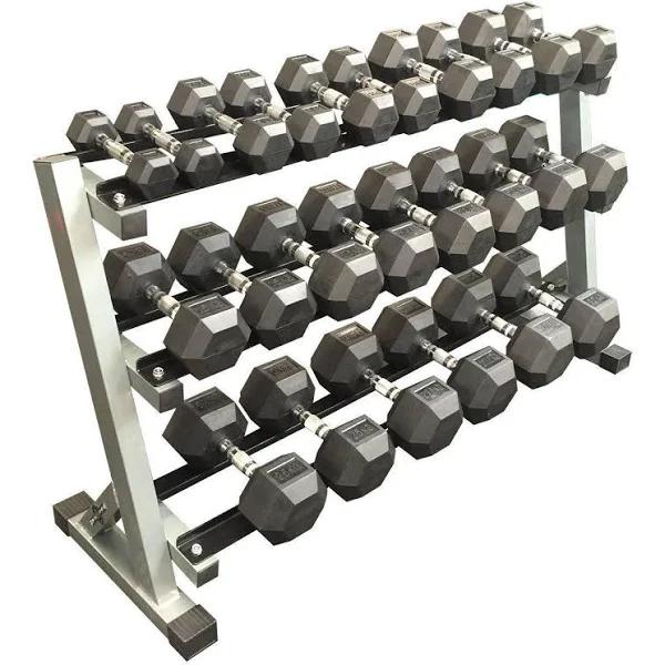 Muscle Motion 2.5kg - 30kg (12 Pair) Rubber Hex Dumbbell Set with 3 Tier Rack