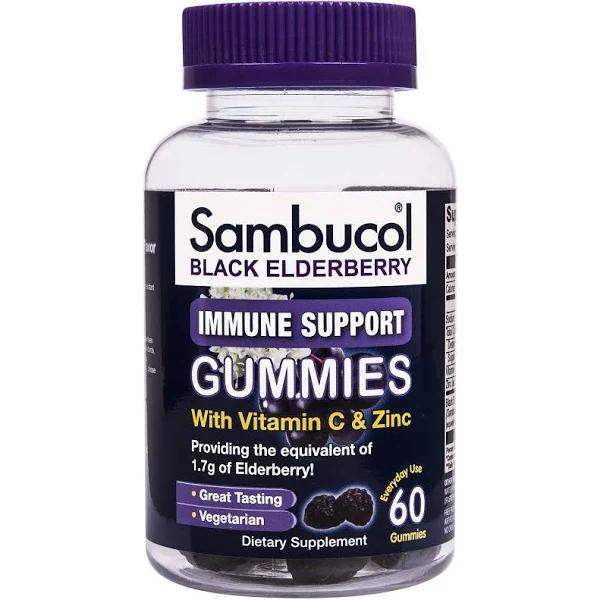 Sambucol Black Elderberry Immune Support Gummies With Vitamin C & Zinc Natural Berry 60 Gummies