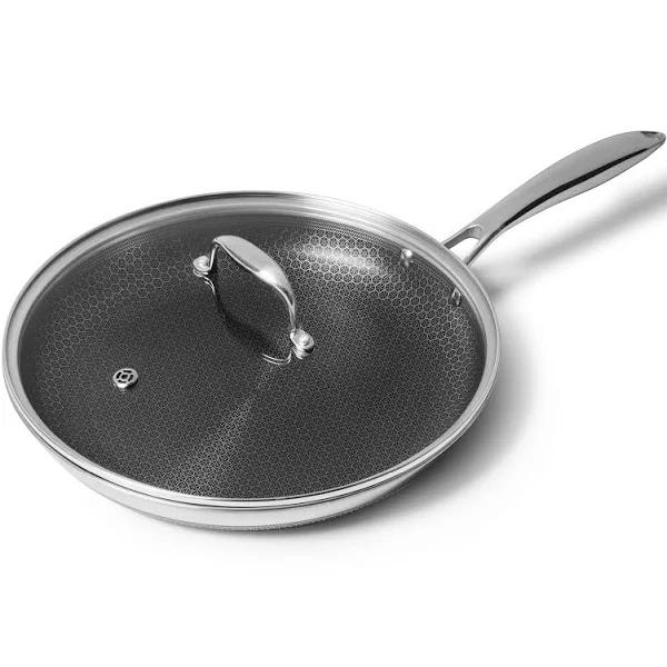 HexClad 12 Inch Hybrid Stainless Steel Frying Pan and Glass Tempered Lid With Stay-Cool Handles