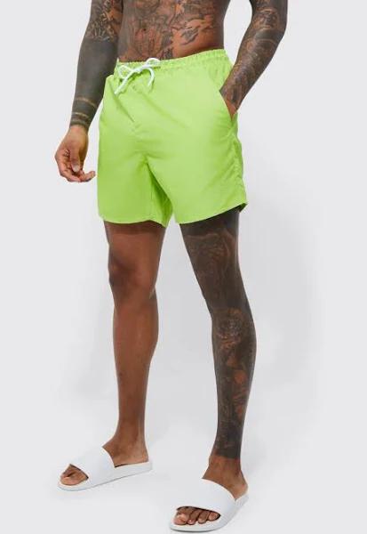 Mens Lime Mid Length Man Embroidered Swim Shorts