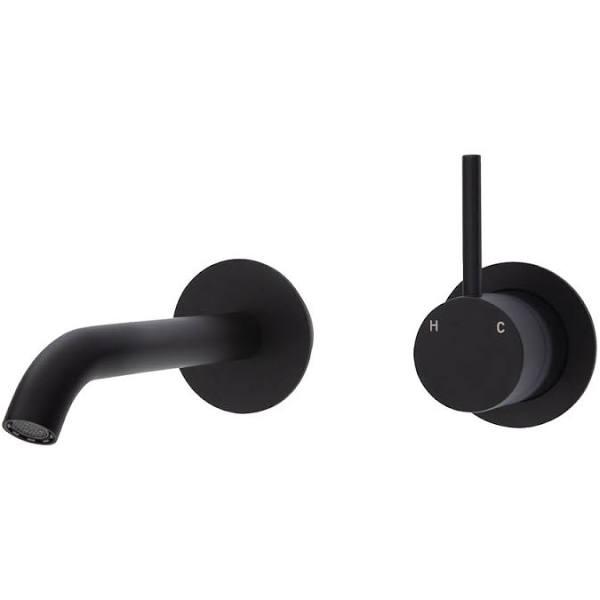 Fienza Kaya Up Wall Basin/Bath Mixer Set - Matte Black - Round Plates - 160mm Outlet