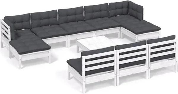 vidaXL 11 Piece Garden Lounge Set With Cushions White Pinewood