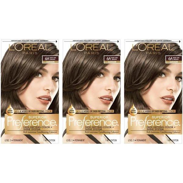 L'Oreal Paris Superior Preference Fade-Defying + Shine Permanent Hair Color, 6A Light Ash Brown, Pack of 3, Hair Dye