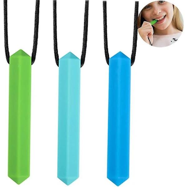 3 Pcs Chew Chew Crayon Sensory Necklace,silicone Chewy Toys for Kids Blue Green Sky Blue