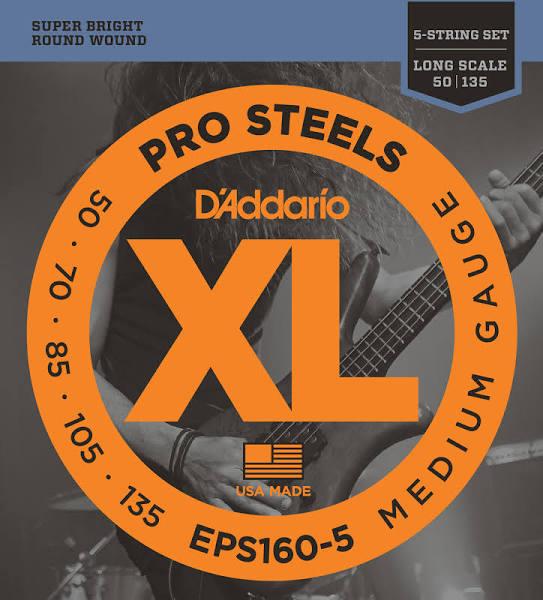 D'Addario EPS160-5 5-String ProSteels Bass Guitar Strings Medium 50-135 Long Scale