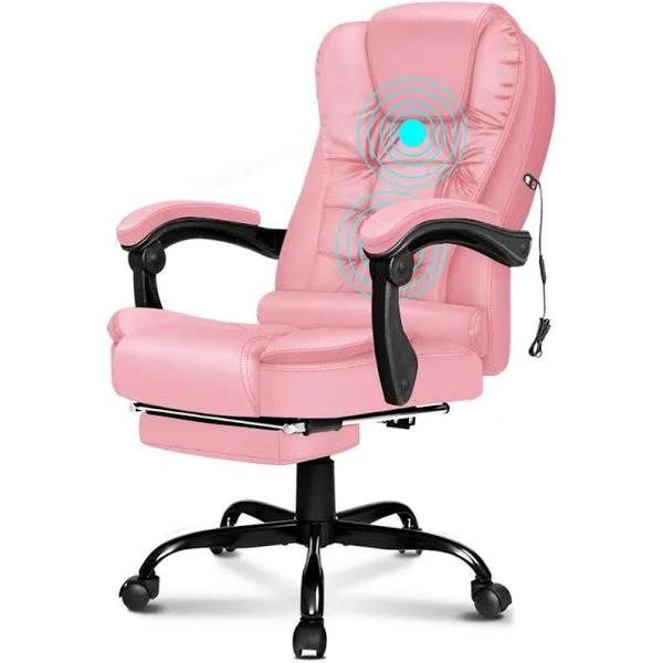 Executive Massage Office Chair with Footrest - Pink / Leather