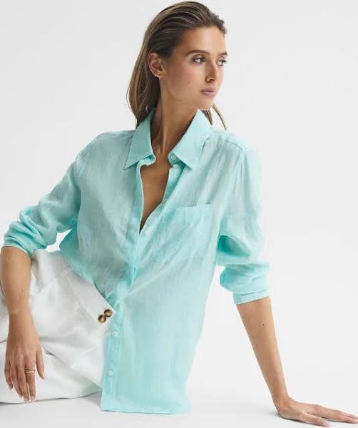 Reiss Aqua Campbell Linen Long Sleeve Shirt, 8