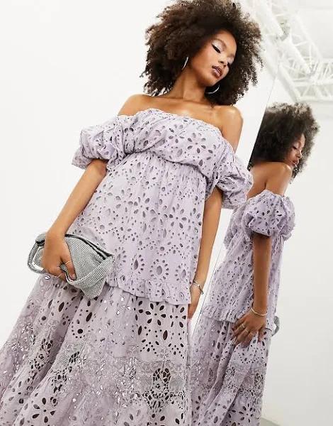 ASOS Edition Blouson Off Shoulder Tiered Broderie Midi Dress in lilac-Purple