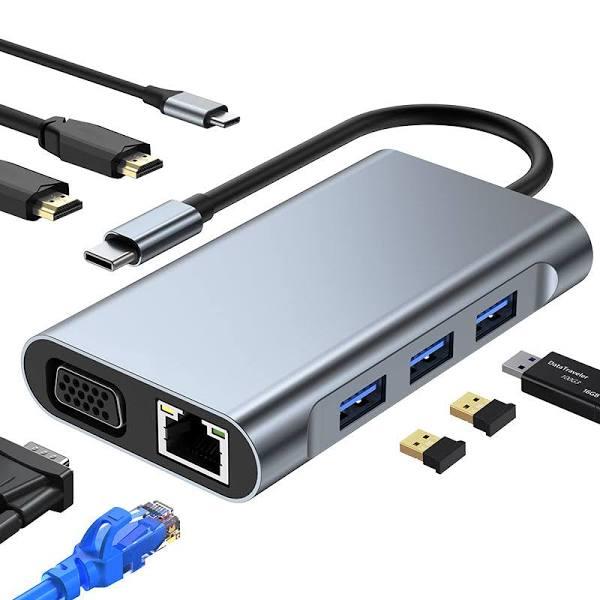 8 in 1 Multi-function USB C Hub with USB 3.0 RJ45 VGA Audio SD TF PD Charge Interface Multi-port Docking Station