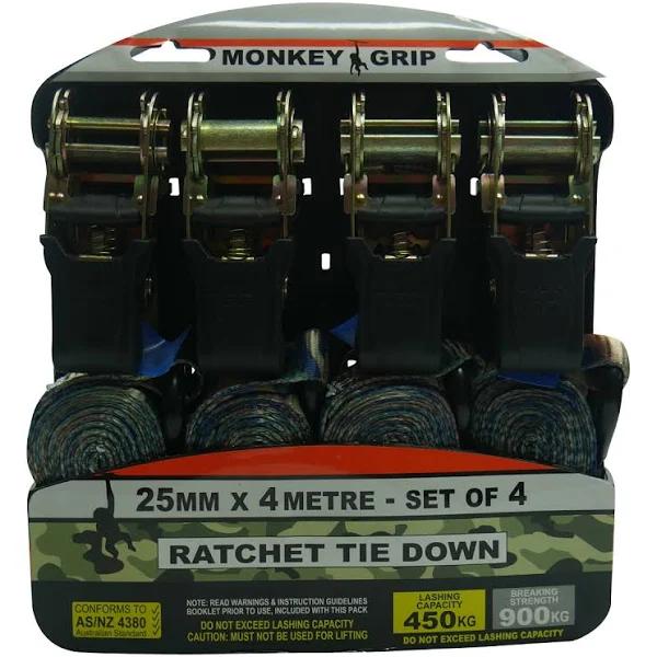 Monkey Grip Camouflage Ratchet Tie Down 450kg Capacity 4m x 25mm - 4 Pack