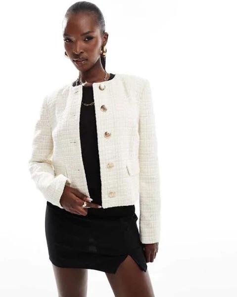 River Island Crop Boucle Trophy Jacket in cream-White