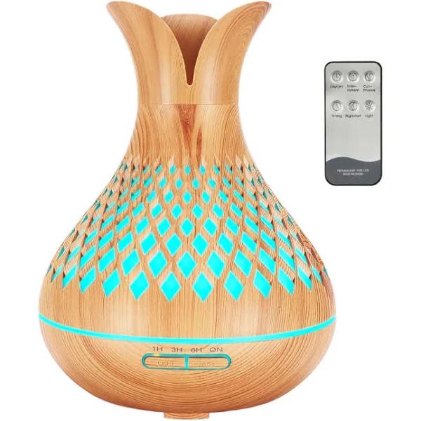 Essential Oil Aroma Diffuser and Remote - 500ml Vase Flower Wood Mist Humidifier