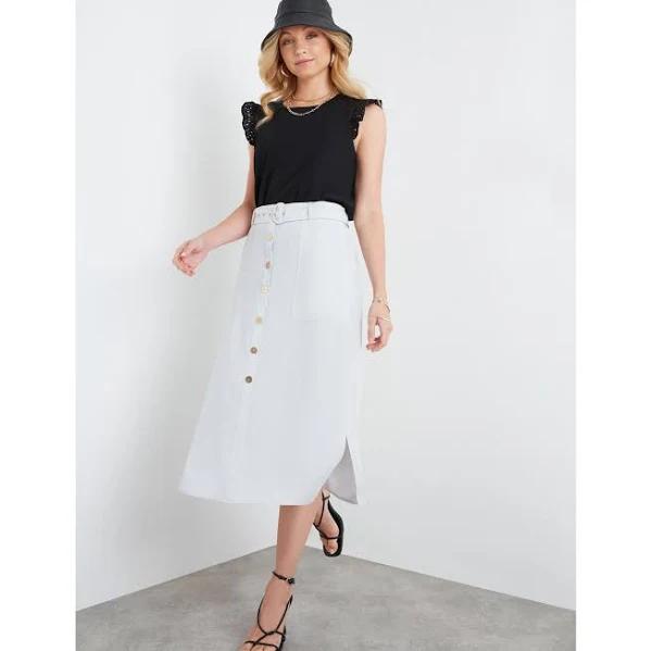 Rockmans Midi Length Button Curved Hem Belted Skirt Grey - 14