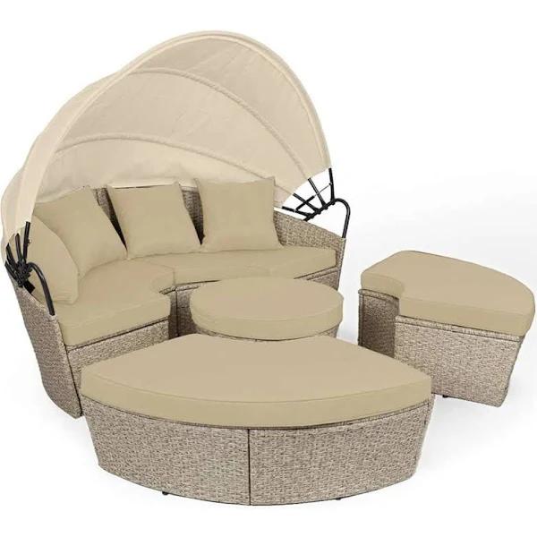 London Rattan 4pc Day Bed Round Lounge Outdoor Furniture Beige Wicker and Canopy