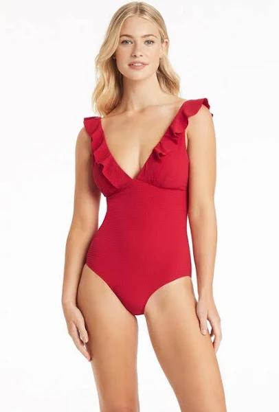 Sea Level Essentials Frill One Piece Swimsuit - Red - 14 Red