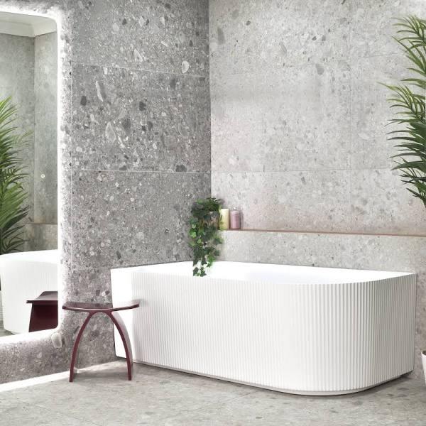 Brighton Groove 1500mm Fluted Left Corner Freestanding Bath, Matte White