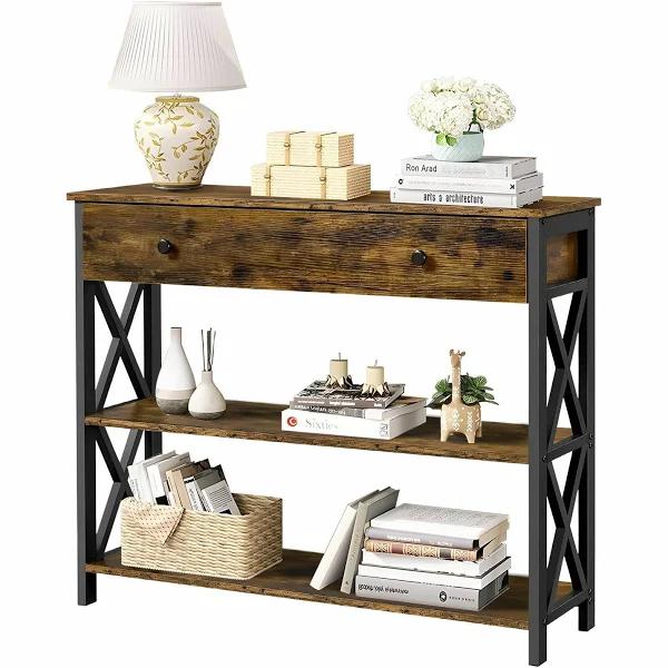 Industrial Console Table with Drawer Hall Entryway Bar Side Sofa Wooden Accent Couch Lamp Storage Shelf Display 100x30x80cm