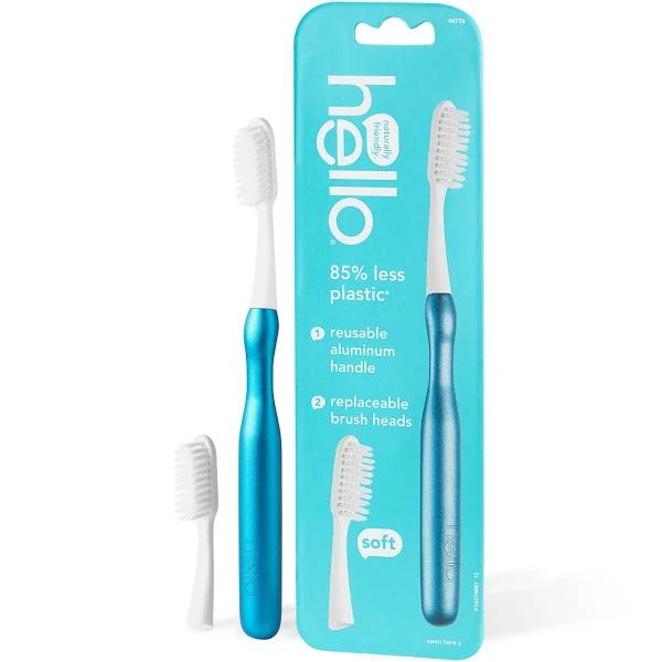 Hello, Aluminum Toothbrush With Replaceable Brush Heads, Soft, Blue, 1 Toothbrush and 1 Replaceable Brush Head